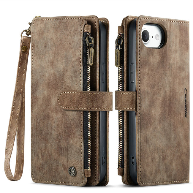 CaseMe - Hoesje geschikt voor Apple iPhone 16E - Vintage Wallet Book Case Ritssluiting - Met Magneetsluiting - Bruin