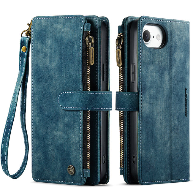 CaseMe - Hoesje geschikt voor Apple iPhone 16E - Vintage Wallet Book Case Ritssluiting - Met Magneetsluiting - Blauw