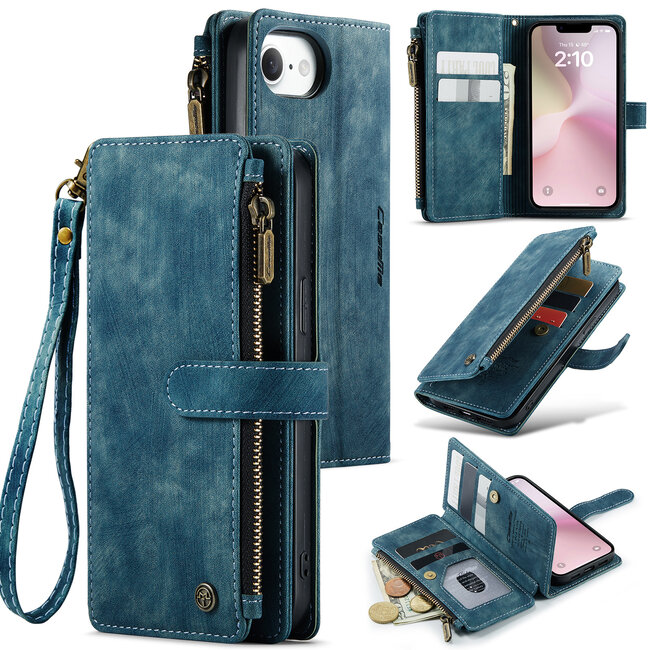 CaseMe - Hoesje geschikt voor Apple iPhone 16E - Vintage Wallet Book Case Ritssluiting - Met Magneetsluiting - Blauw