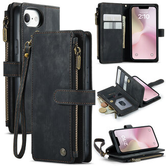 CaseMe CaseMe - Hoesje geschikt voor Apple iPhone 16E - Vintage Wallet Book Case Ritssluiting - Met Magneetsluiting - Zwart