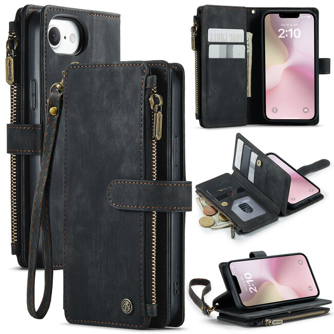 CaseMe - Hoesje geschikt voor Apple iPhone 16E - Vintage Wallet Book Case Ritssluiting - Met Magneetsluiting - Zwart
