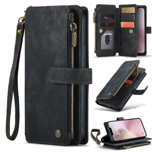 CaseMe - Hoesje geschikt voor Apple iPhone 16E - Vintage Wallet Book Case Ritssluiting - Met Magneetsluiting - Zwart