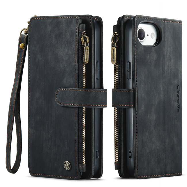 CaseMe - Hoesje geschikt voor Apple iPhone 16E - Vintage Wallet Book Case Ritssluiting - Met Magneetsluiting - Zwart