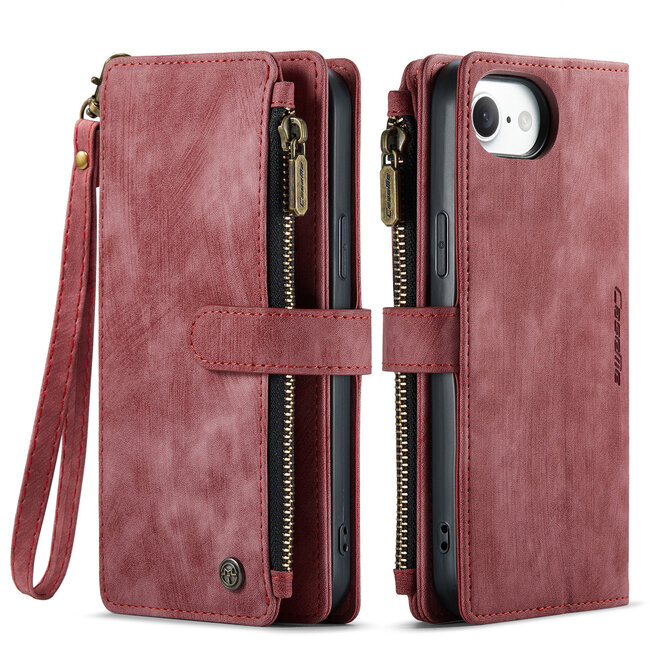 CaseMe - Hoesje geschikt voor Apple iPhone 16E - Vintage Wallet Book Case Ritssluiting - Met Magneetsluiting - Rood