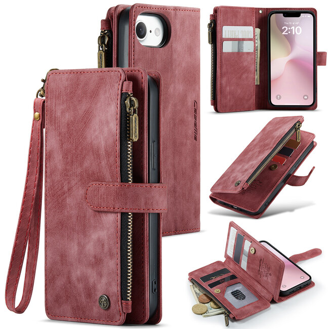 CaseMe - Hoesje geschikt voor Apple iPhone 16E - Vintage Wallet Book Case Ritssluiting - Met Magneetsluiting - Rood