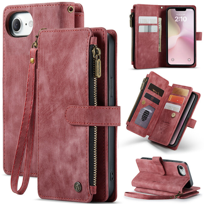 CaseMe - Hoesje geschikt voor Apple iPhone 16E - Vintage Wallet Book Case Ritssluiting - Met Magneetsluiting - Rood