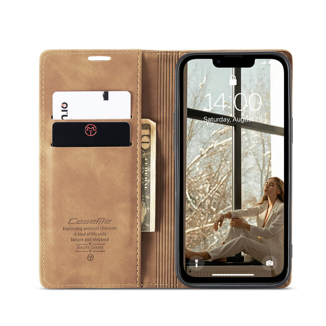 Caseme - Telefoonhoesje geschikt voor Apple iPhone 16E - Wallet Book Case - Met Magnetische Sluiting - Licht Bruin