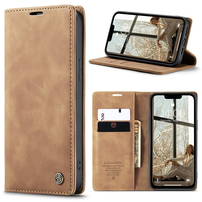 Caseme - Telefoonhoesje geschikt voor Apple iPhone 16E - Wallet Book Case - Met Magnetische Sluiting - Licht Bruin