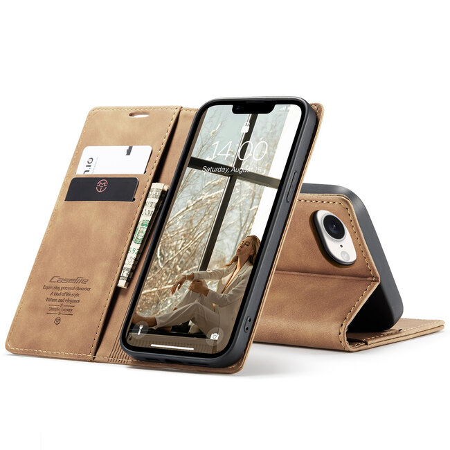 Caseme - Telefoonhoesje geschikt voor Apple iPhone 16E - Wallet Book Case - Met Magnetische Sluiting - Licht Bruin
