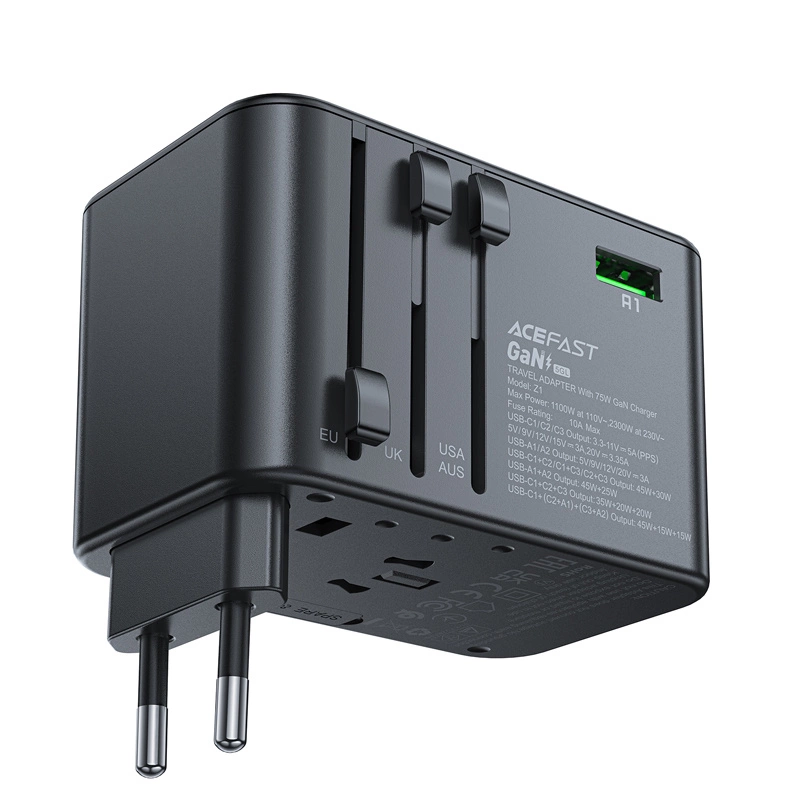 Acefast - Reislader - Adapter universeel - Reis adapter 75W EU, UK, US, AUS - Universele wereldstekker - 3 x USB-C en 2 x USB-A - Zwart afbeelding