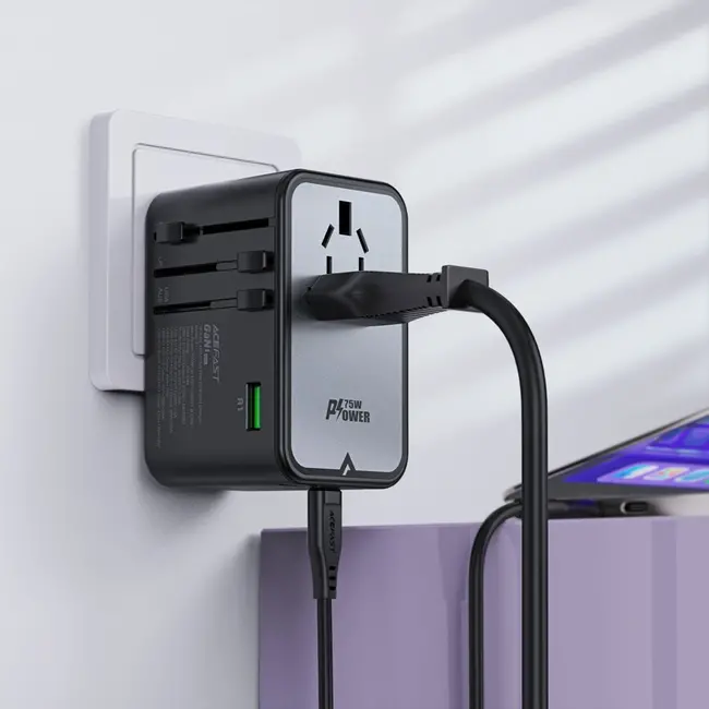Acefast - Reislader - Adapter universeel - Reis adapter 75W EU, UK, US, AUS - Universele wereldstekker - 3 x USB-C en 2 x USB-A - Zwart