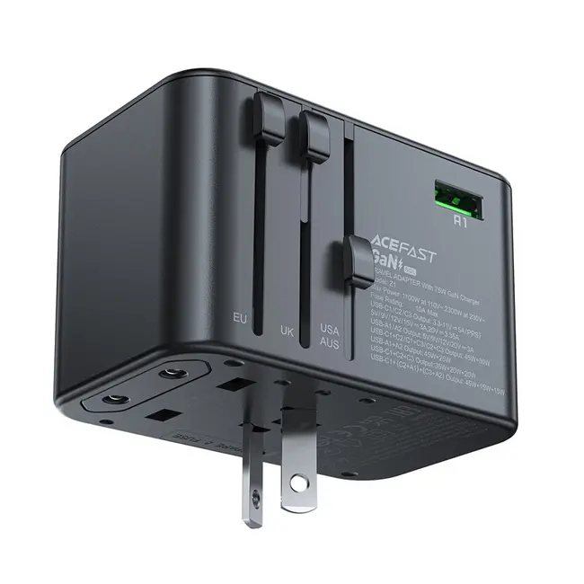 Acefast - Reislader - Adapter universeel - Reis adapter 75W EU, UK, US, AUS - Universele wereldstekker - 3 x USB-C en 2 x USB-A - Zwart