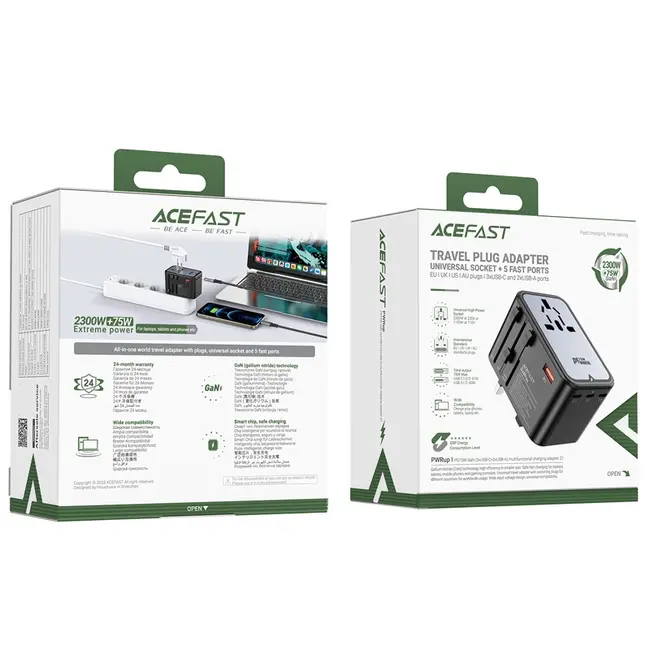 Acefast - Reislader - Adapter universeel - Reis adapter 75W EU, UK, US, AUS - Universele wereldstekker - 3 x USB-C en 2 x USB-A - Zwart
