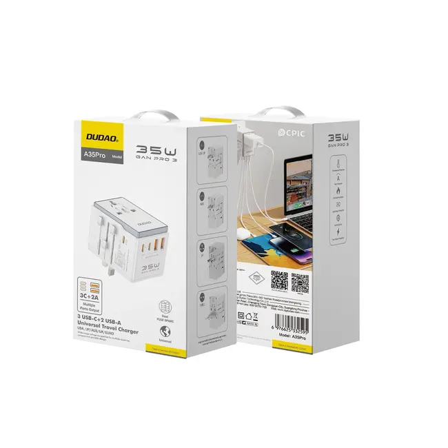 Dudao - Reislader - Adapter universeel - Reis adapter 35W EU/UK/AUS/US/JP - Universele wereldstekker - 3 x USB-C en 2 x USB-A - Wit