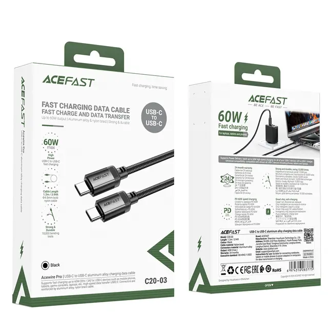 Acefast - USB-C naar USB-C - Universele kabel - Snellader geschikt voor USB-C apparaten - 1.2 Meter - 480Mb/s - Zwart