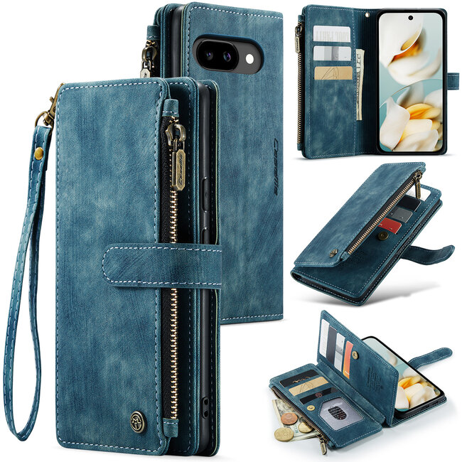 CaseMe - Hoesje geschikt voor Google Pixel 9a - Vintage Wallet Book Case Ritssluiting - Met Magneetsluiting - Blauw