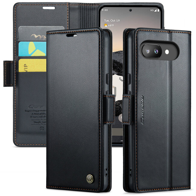 CaseMe - Hoesje geschikt voor Google Pixel 9a - Retro Wallet Book Case - Met Magnetische Sluiting - Zwart