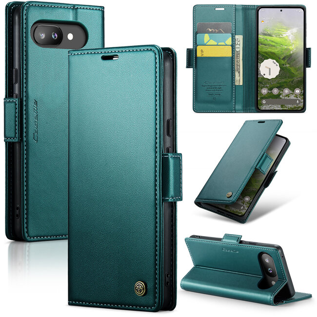 CaseMe - Hoesje geschikt voor Google Pixel 9a - Retro Wallet Book Case - Met Magnetische Sluiting - Groen