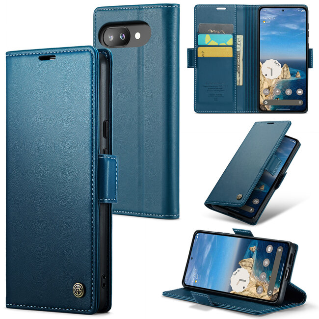 CaseMe - Hoesje geschikt voor Google Pixel 9a - Retro Wallet Book Case - Met Magnetische Sluiting - Blauw
