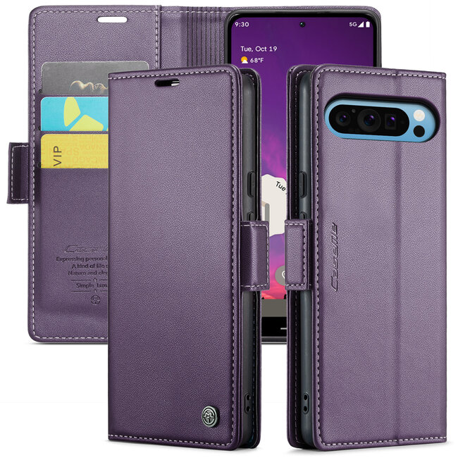 CaseMe - Hoesje geschikt voor Google Pixel 9 Pro XL - Retro Wallet Book Case - Met Magnetische Sluiting - Paars
