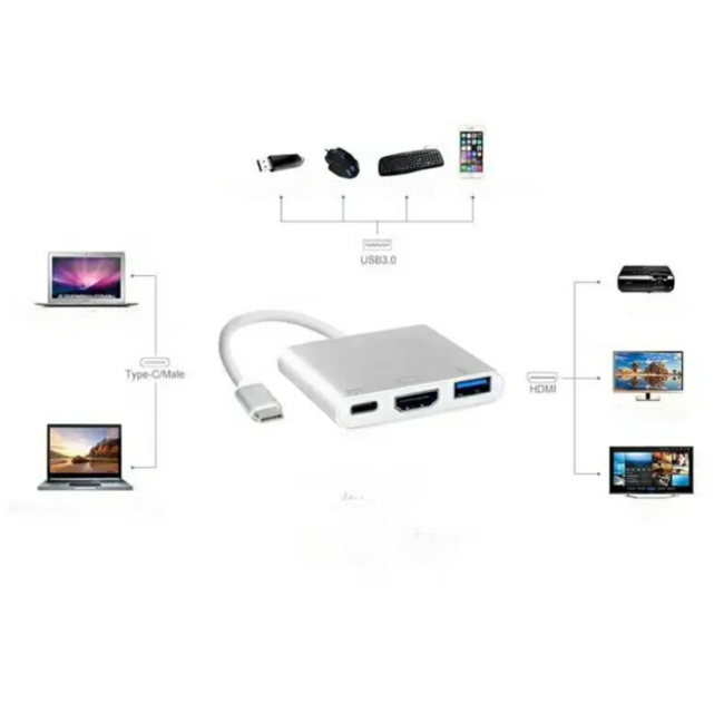 USB C naar HDMI Adapter - USB C adapter - 3 in 1 - Converter - 1080p - 20cm - Zilver