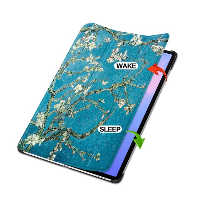 Case2go - Tablet hoes geschikt voor Samsung Galaxy Tab S10 FE Plus - 13.1 Inch - Tri-Fold Book Case - Auto/Wake functie - Witte Bloesem