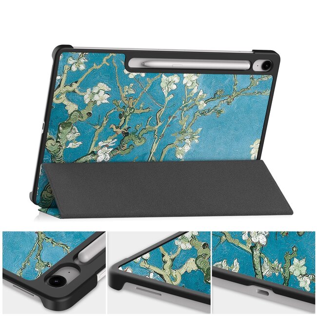 Case2go - Tablet hoes geschikt voor Samsung Galaxy Tab S10 FE Plus - 13.1 Inch - Tri-Fold Book Case - Auto/Wake functie - Witte Bloesem