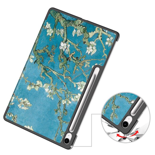 Case2go - Tablet hoes geschikt voor Samsung Galaxy Tab S10 FE Plus - 13.1 Inch - Tri-Fold Book Case - Auto/Wake functie - Witte Bloesem