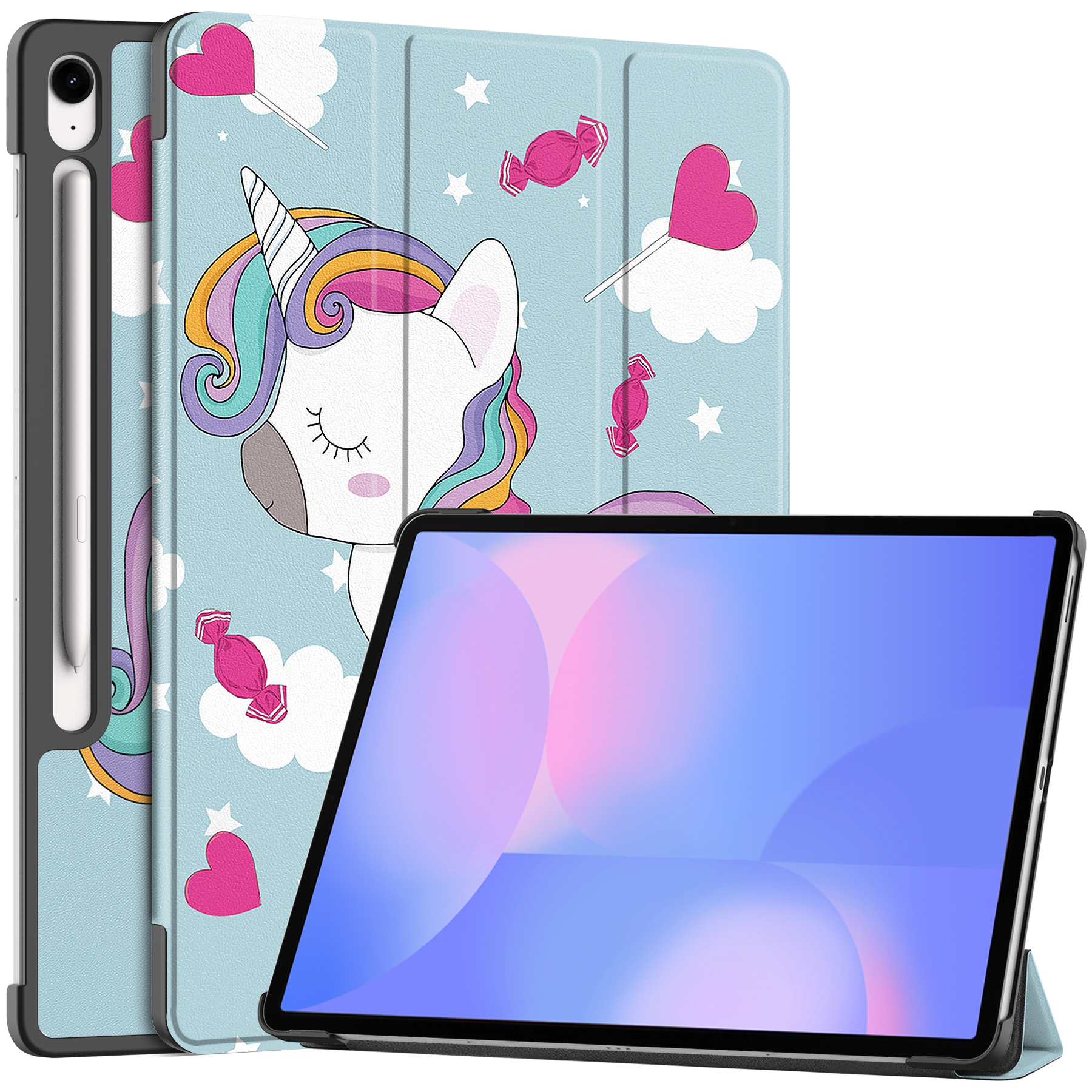 Case2go - Tablet hoes geschikt voor Samsung Galaxy Tab S10 FE Plus - 13.1 Inch - Tri-Fold Book Case - Auto/Wake functie - Eenhoorn afbeelding