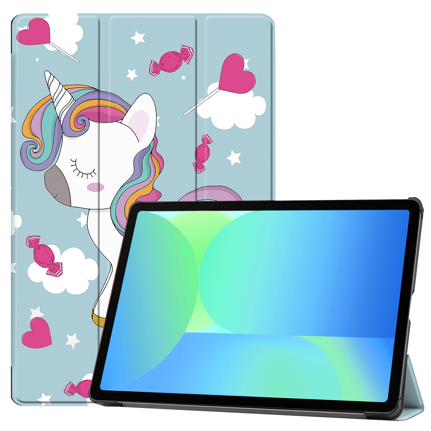 Case2go - Tablet hoes geschikt voor Samsung Galaxy Tab S10 FE - 10.9 Inch - Tri-Fold Book Case - Auto/Wake functie - Eenhoorn afbeelding