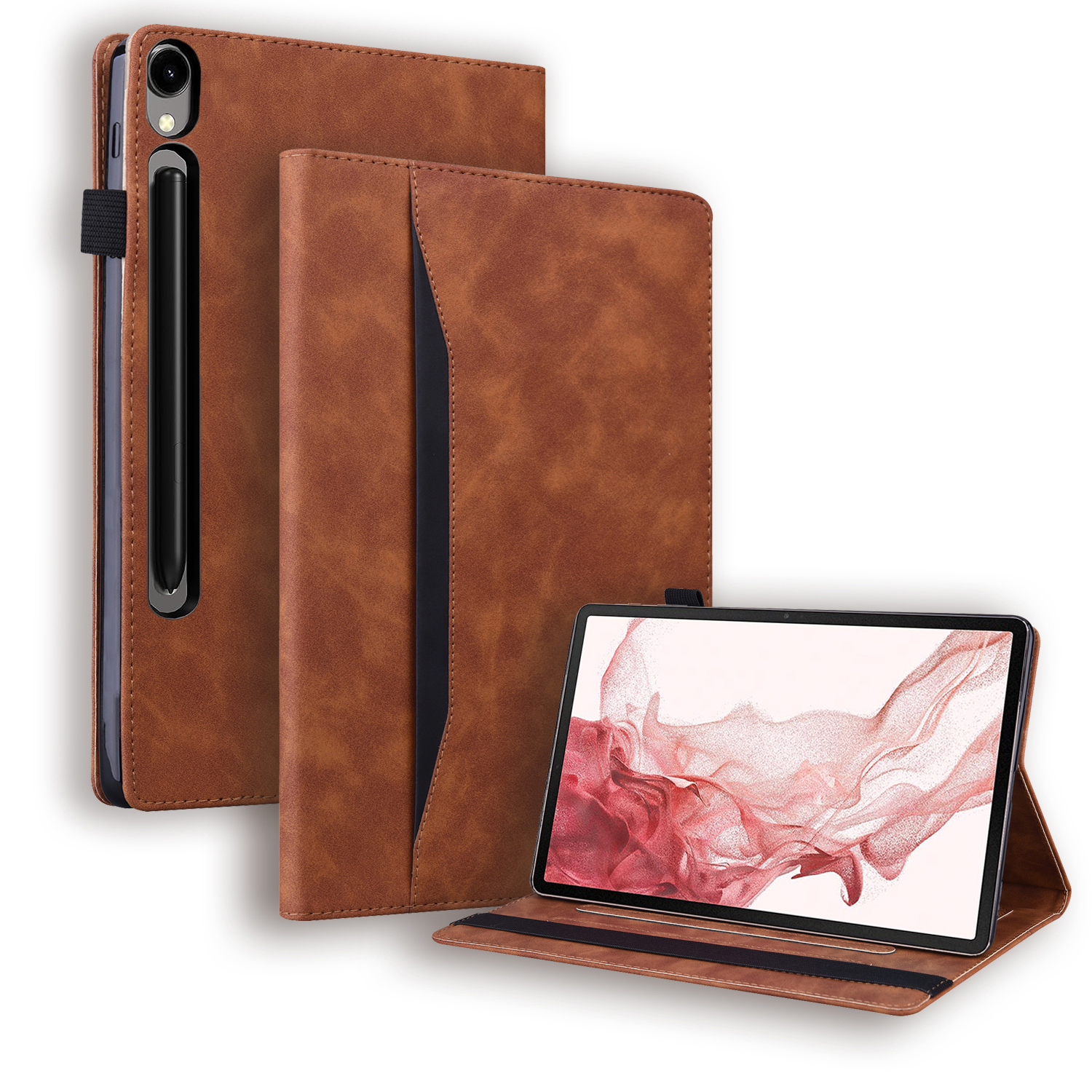 Case2go - Tablet hoes geschikt voor Samsung Galaxy Tab S9 FE Plus - Business Wallet Book Case - Met pasjeshouder - Bruin afbeelding