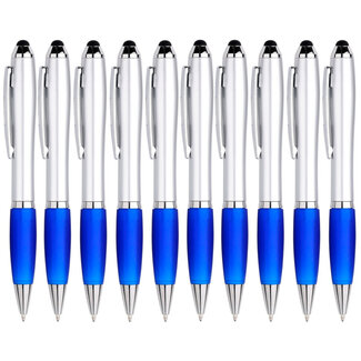 Case2go 10x Balpen en Stylus / Touch pen - Softtouch - Geschikt voor Tablet & Smartphone - Met clip - Zilver / Blauw