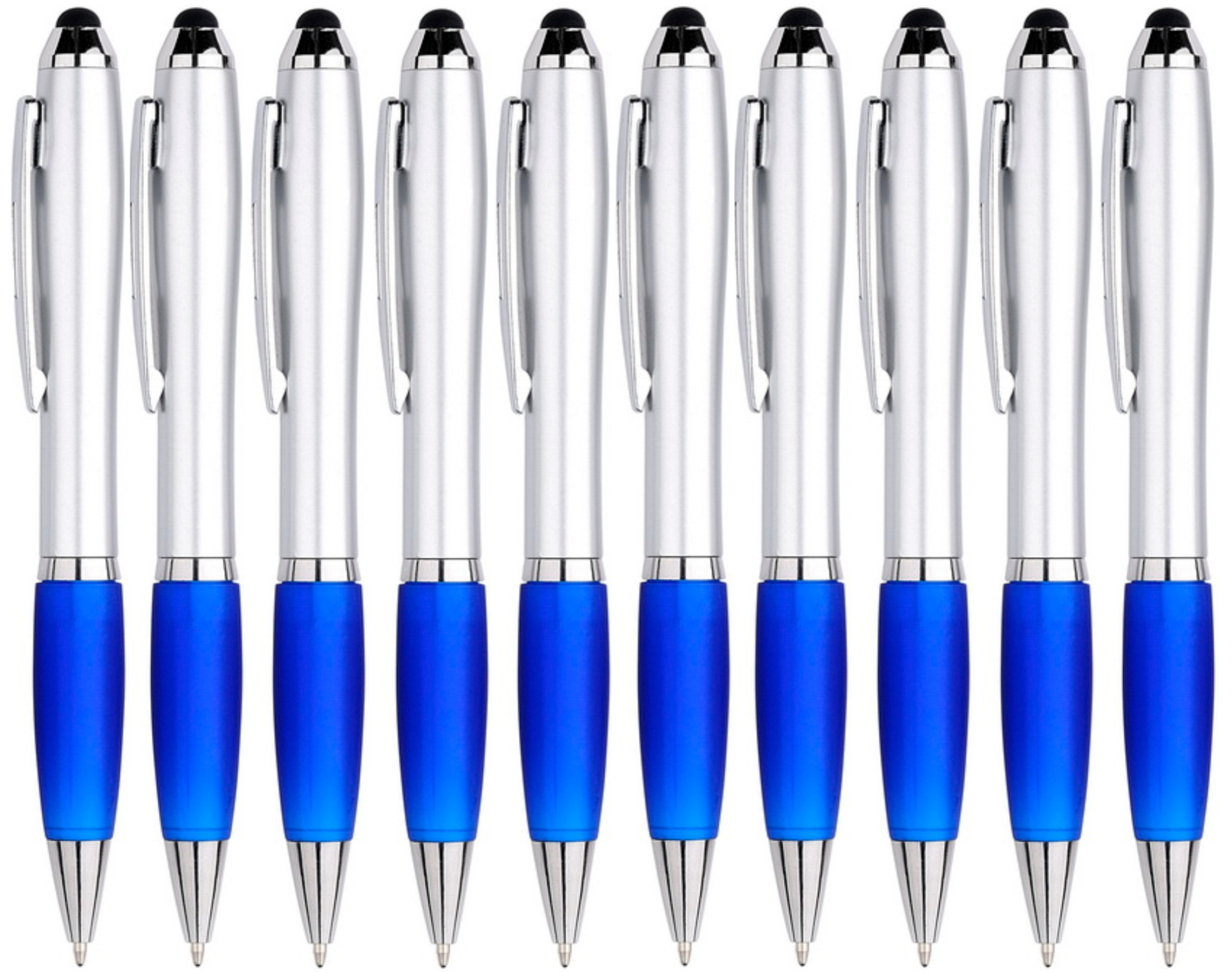 10x Balpen en Stylus / Touch pen - Softtouch - Geschikt voor Tablet &amp; Smartphone - Met clip - Zilver / Blauw afbeelding