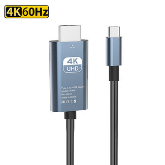 Case2go Case2go - USB-C naar HDMI Kabel - 4K Ultra HD - 60Hz - Metaal - HDMI naar USB-C - 2.0 Meter - Zwart/Grijs