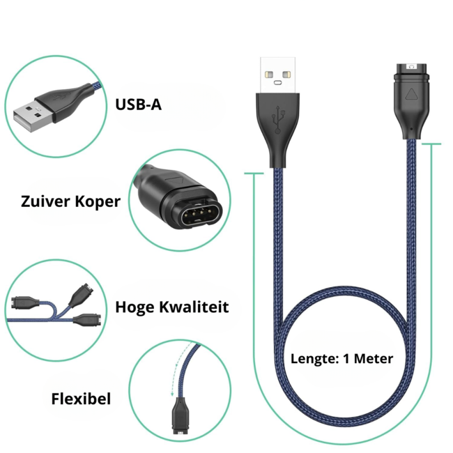 USB A - Garmin Oplaadkabel - 1 Meter - Garmin smartwatch - Compatibel met Garmin Fenix / Forerunner / Instinct / Venu / Venu SQ / Vivoactive / Epix Pro / Vivomove / Approuch - USB-oplaadkabel oplader - Gevlochten kabel - Blauw/Zwart
