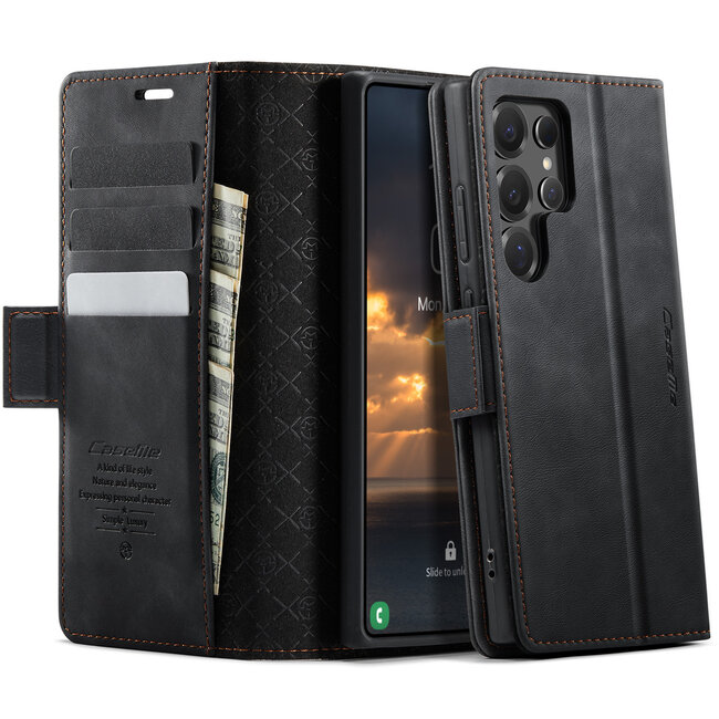 Caseme - Telefoonhoesje geschikt voor Samsung Galaxy S25 Ultra - Met Magnetische Sluiting - Book Case - Met Pasjes Houder - Zwart