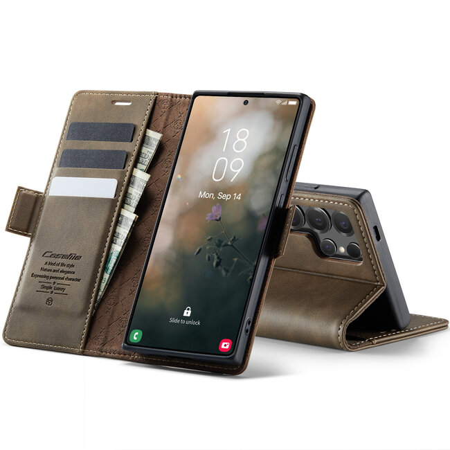 Caseme - Telefoonhoesje geschikt voor Samsung Galaxy S25 Ultra - Met Magnetische Sluiting - Book Case - Met Pasjes Houder - Bruin