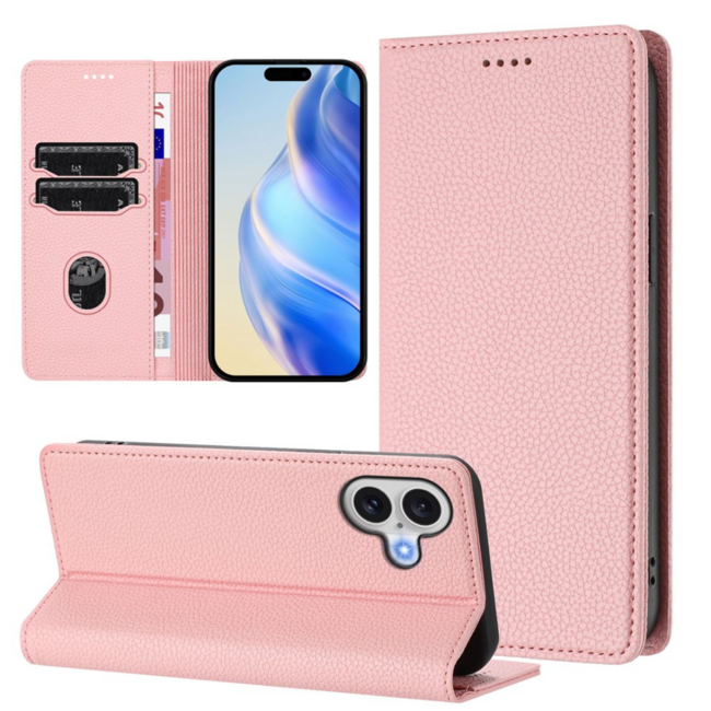 Case2go - Hoesje geschikt voor Apple iPhone 17 met Pasjeshouder - Bookcase - 2 Pasjes - Met kaarthouder - Telefoonhoesje - Gsm Hoesje geschikt voor Apple iPhone 17 - Phone Case - Roze