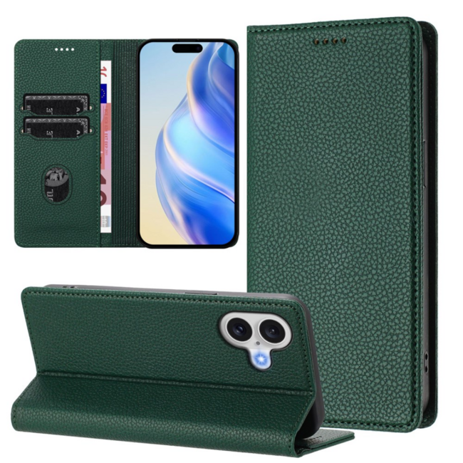 Case2go - Hoesje geschikt voor Apple iPhone 17 met Pasjeshouder - Bookcase - 2 Pasjes - Met kaarthouder - Telefoonhoesje - Gsm Hoesje geschikt voor Apple iPhone 17 - Phone Case - Donker Groen