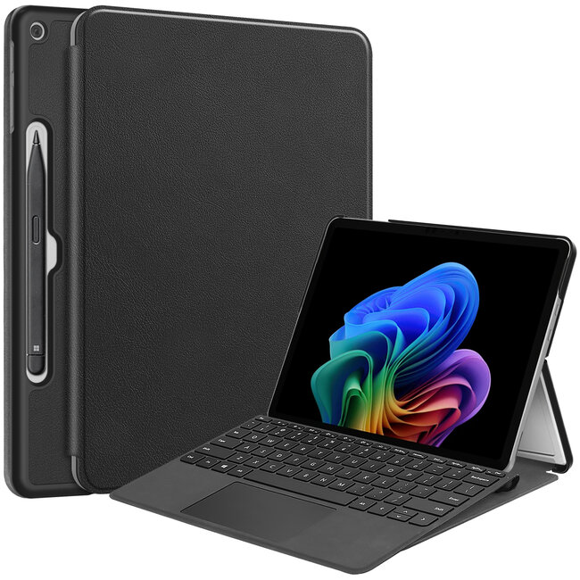 Case2go - Tablet Hoes geschikt voor Microsoft Surface Pro 12 Copilot (2025) - 12 Inch -Tri-Fold Book Case - Met Pencil Houder - Auto/Wake Functie - Zwart