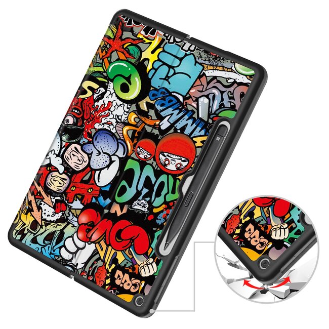 Case2go - Tablet Hoes geschikt voor Microsoft Surface Pro 12 Copilot (2025) - 12 Inch -Tri-Fold Book Case - Met Pencil Houder - Auto/Wake Functie - Grafitti