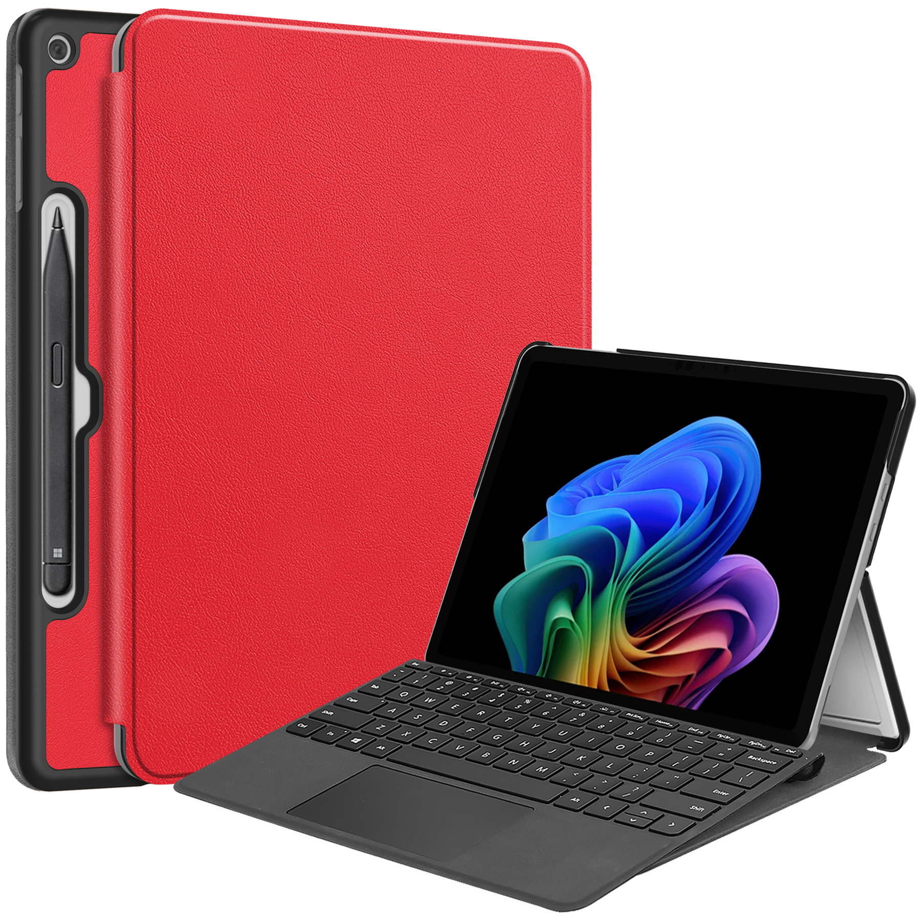 Case2go - Tablet Hoes geschikt voor Microsoft Surface Pro 12 Copilot (2025) - 12 Inch -Tri-Fold Book Case - Met Pencil Houder - Auto/Wake Functie - Rood afbeelding
