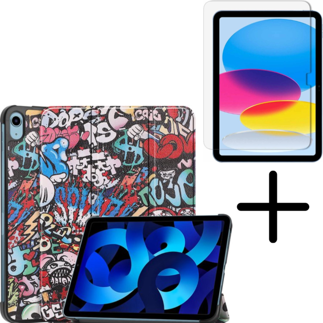 Tablethoes met screenprotector geschikt voor Apple iPad 11 (2025) A16 / iPad 10.9 (2022) - a16 hoes 2025 - iPad hoes 2025 - iPad hoes 10e generatie - Auto/Wake Functie - Tri-Fold - Graffiti