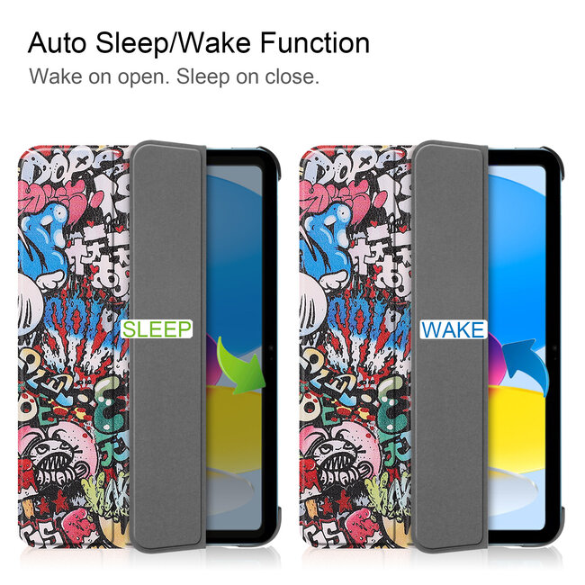 Tablethoes met screenprotector geschikt voor Apple iPad 11 (2025) A16 / iPad 10.9 (2022) - a16 hoes 2025 - iPad hoes 2025 - iPad hoes 10e generatie - Auto/Wake Functie - Tri-Fold - Graffiti