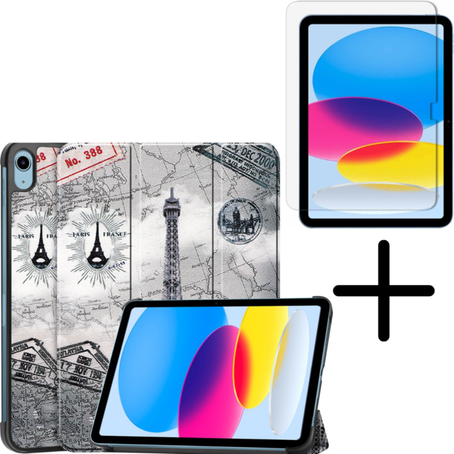 Tablethoes met screenprotector geschikt voor Apple iPad 11 (2025) A16 / iPad 10.9 (2022) - a16 hoes 2025 - iPad hoes 2025 - iPad hoes 10e generatie - Auto/Wake Functie - Tri-Fold - Eiffeltoren