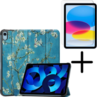 Case2go Tablethoes met screenprotector geschikt voor Apple iPad 11 (2025) A16 / iPad 10.9 (2022) - a16 hoes 2025 - iPad hoes 2025 - iPad hoes 10e generatie - Auto/Wake Functie - Tri-Fold - Witte Bloe