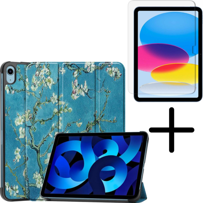 Tablethoes met screenprotector geschikt voor Apple iPad 11 (2025) A16 / iPad 10.9 (2022) - a16 hoes 2025 - iPad hoes 2025 - iPad hoes 10e generatie - Auto/Wake Functie - Tri-Fold - Witte Bloesem