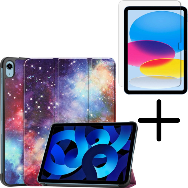 Tablethoes met screenprotector geschikt voor Apple iPad 11 (2025) A16 / iPad 10.9 (2022) - a16 hoes 2025 - iPad hoes 2025 - iPad hoes 10e generatie - Auto/Wake Functie - Tri-Fold - Galaxy