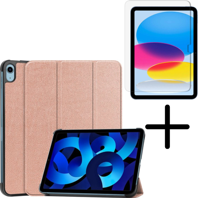 Tablethoes met screenprotector geschikt voor Apple iPad 11 (2025) A16 / iPad 10.9 (2022) - a16 hoes 2025 - iPad hoes 2025 - iPad hoes 10e generatie - Auto/Wake Functie - Tri-Fold - Rosé Goud