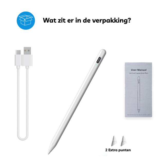Active Stylus Pen - Alleen geschikt voor iPads 2018-2025 - Magnetisch - Stylus pen - USB-C - Stylus pen iPad - Wit